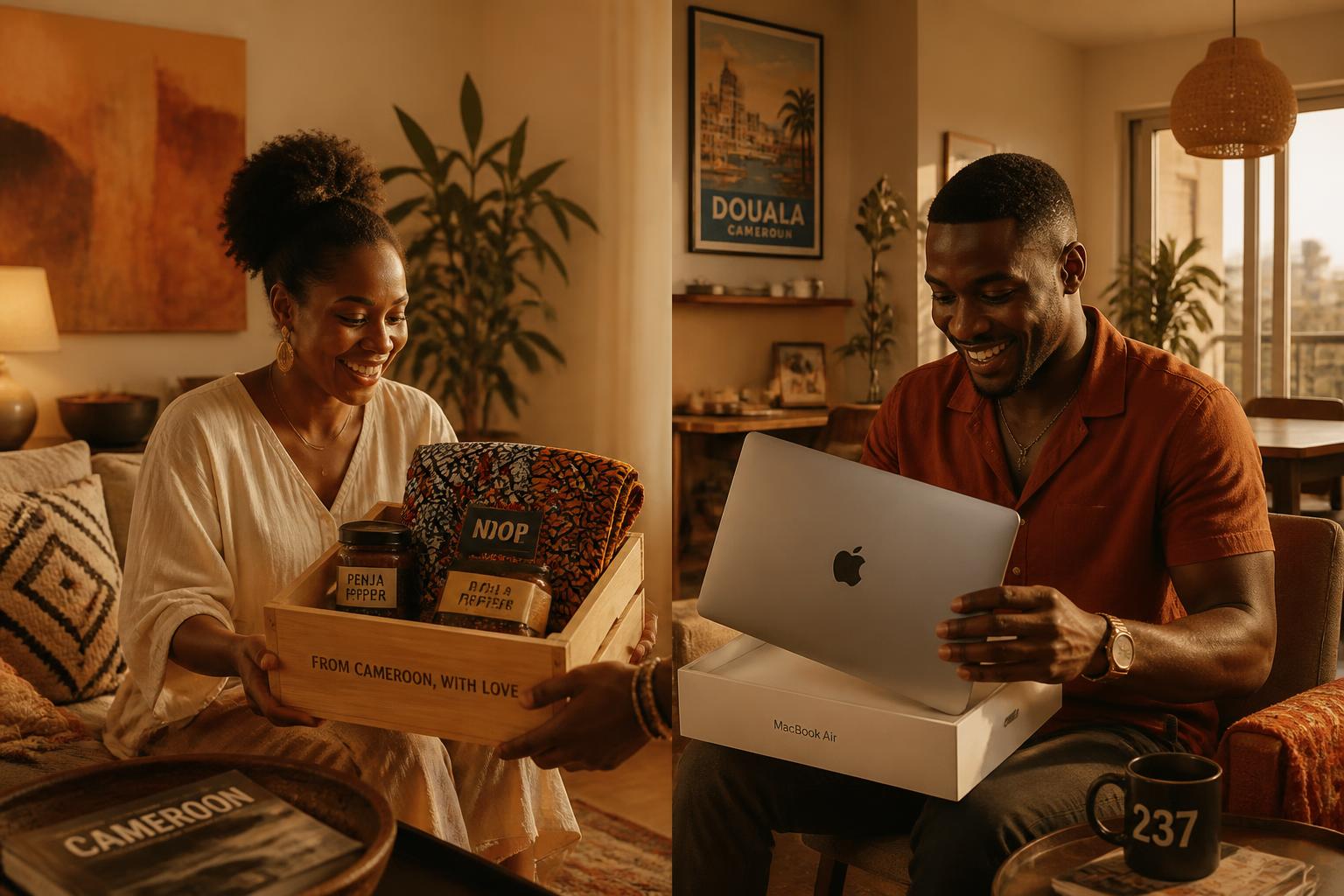 A woman in Seattle receives Cameroonian goods while a man in Cameroon unboxes a US laptop — one continuous warm-lit scene