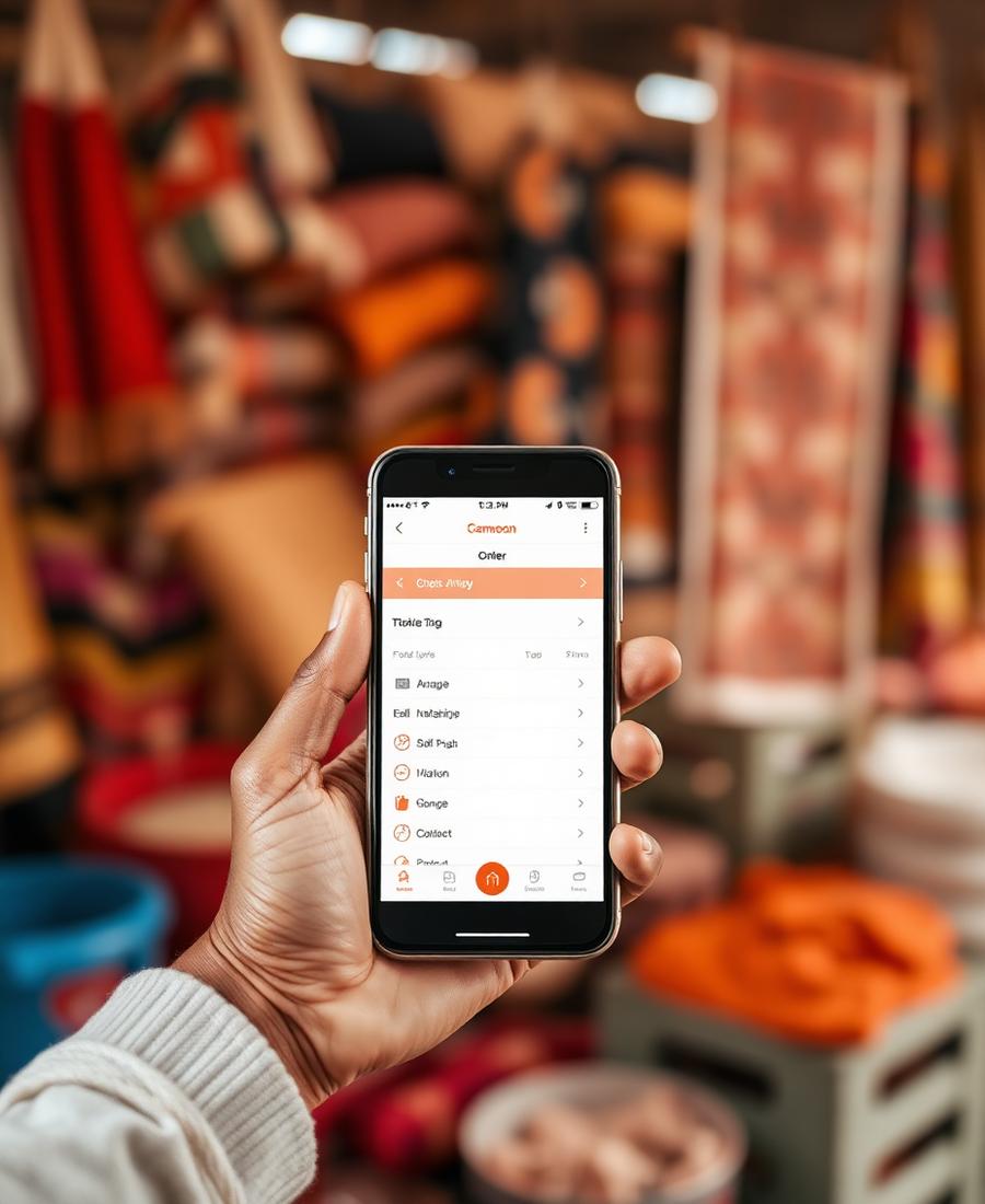A hand holding a phone showing the order screen in a Cameroon market